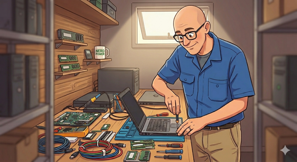 Ilustração da bancada de trabalho do técnico Falasqui consertando um notebook